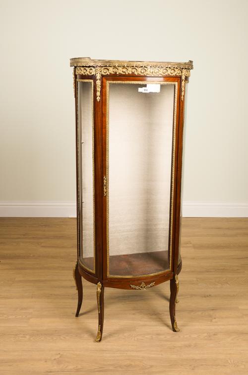A LOUIS XVI STYLE MARBLE TOPPED GILT-METAL MOUNTED MAHOGANY D-SHAPED VITRINE CABINET