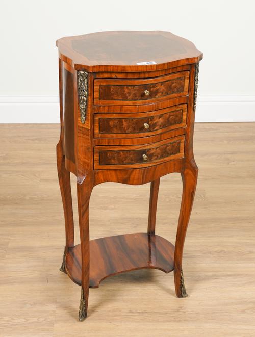 A GILT-METAL MOUNTED WALNUT AND BURR WALNUT THREE DRAWER SMALL TABLE IN THE TRANSITIONAL STYLE
