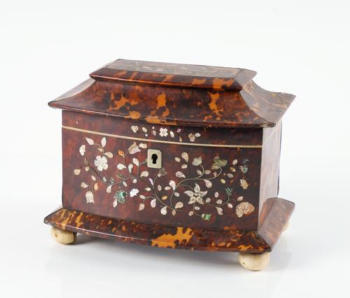 A GEORGE IV TORTOISESHELL MOTHER-OF-PEARL INLAID IVORY BANDED TEA CADDY
