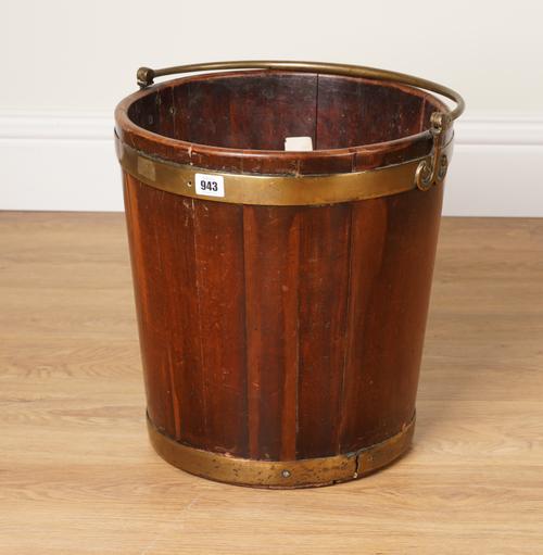 A GEORGE III BRASS BOUND MAHOGANY PEAT BUCKET