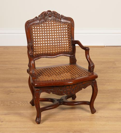 A MINIATURE 18TH CENTURY FRENCH STYLE WALNUT OPEN ARMCHAIR