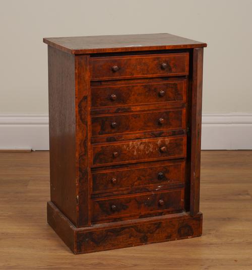 A 19TH CENTURY BURR WALNUT TABLE TOP SIX DRAWER WELLINGTON CHEST