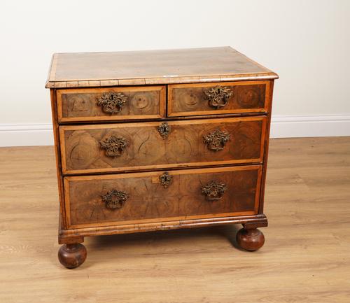 A LATE 17TH CENTURY LINE INLAID OYSTER VENEERED LABURNUM CHEST WITH TWO SHORT AND TWO LONG GRADUATED DRAWERS
