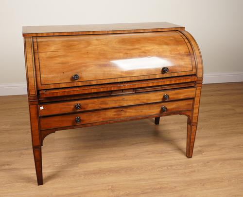 A 19TH CENTURY EBONY BANDED MAHOGANY CYLINDER BUREAU OR WRITING DESK