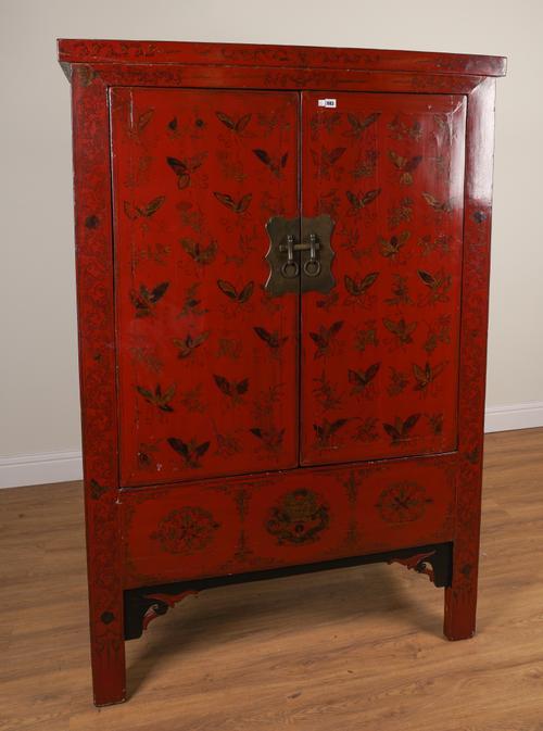 AN EARLY 20TH CENTURY CHINESE-EXPORT SCARLET LACQUERED  TWO DOOR CABINET