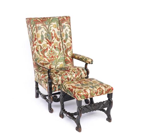 A 17TH CENTURY CARVED OAK FRAMED WING-BACK OPEN ARMCHAIR (2)