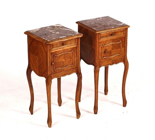 A NEAR PAIR OF 19TH CENTURY FRENCH MARBLE MOUNTED WALNUT BEDSIDE TABLES (2)