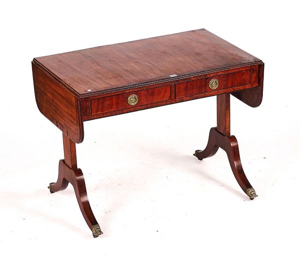 A GEORGE III CROSSBANDED MAHOGANY TWO DRAWER SOFA TABLE