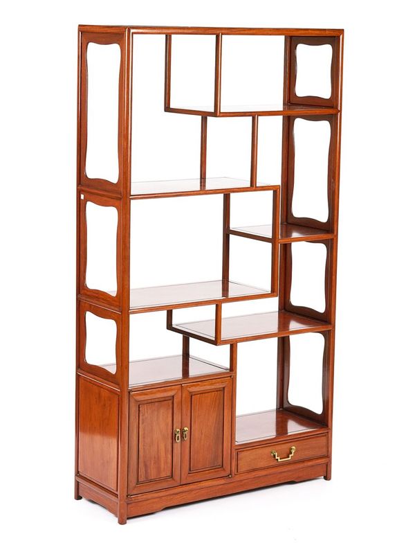 A 20TH CENTURY CHINESE HARDWOOD MULTI-TIERED DISPLAY CABINET