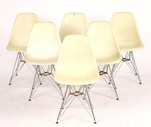 AFTER EAMES DSR; A SET OF SIX PRESS MOULDED RESIN AND STEEL KITCHEN CHAIRS (6)