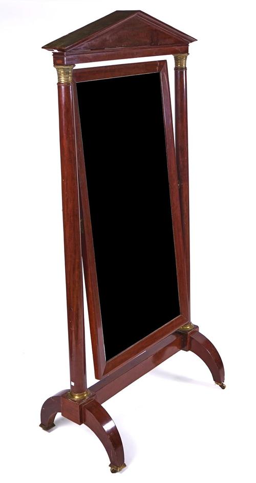 A LARGE FRENCH EMPIRE BRASS MOUNTED MAHOGANY CHEVAL MIRROR