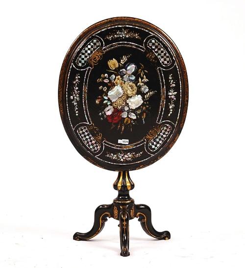 A VICTORIAN MOTHER-OF-PEARL AND FLORAL POLYCHROME PAINTED SNAP TOP EBONISED CENTRE TABLE