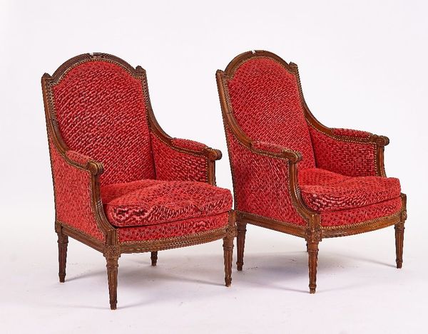 A PAIR OF BEECH FRAMED LOUIS XVI STYLE HUMPBACK ARMCHAIRS (2)