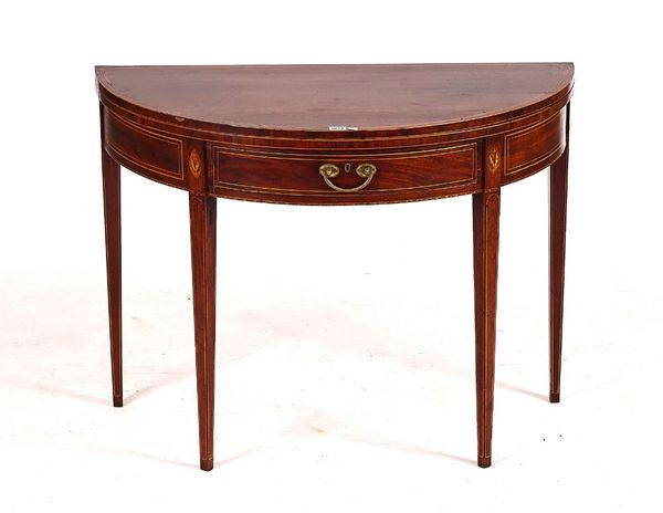 A GEORGE III INLAID MAHOGANY DEMI-LUNE TEA TABLE