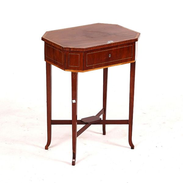 A GEORGE III MAHOGANY AND SATINWOOD LIFT-TOP WORK TABLE