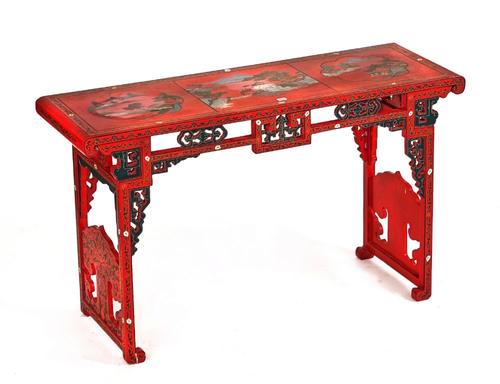 A 20TH CENTURY ASIAN SCARLET LACQUERED ALTAR TABLE