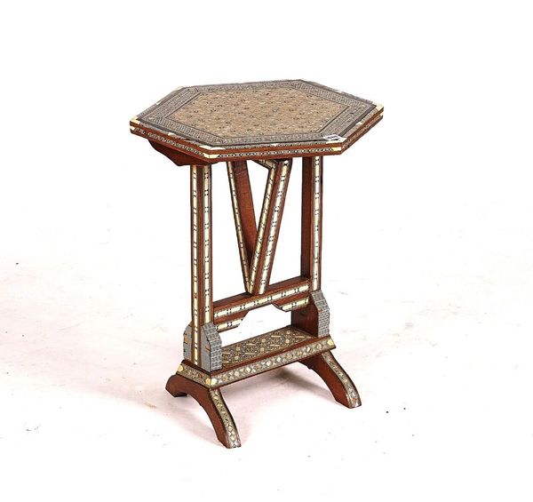 PROBABLY RETAILED BY LIBERTY’S; A MOTHER-OF-PEARL AND BONE INLAID OCTAGONAL OCCASIONAL TABLE