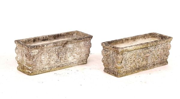 A PAIR OF RECONSTITUTED STONE RECTANGULAR PLANTERS (2)