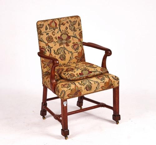 A GEORGE II WALNUT FRAMED OPEN ARMCHAIR
