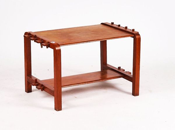 A 20TH CENTURY RECTANGULAR TEAK FRAMED TWO TIER OCCASIONAL TABLE