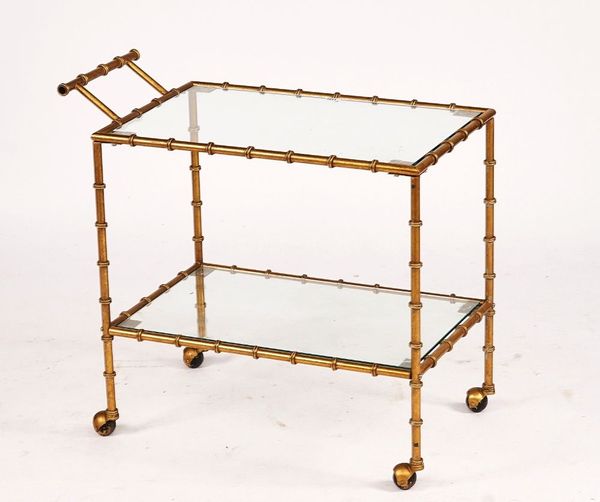 A 20TH CENTURY GOLD PAINTED METAL FAUX BAMBOO TWO TIER DRINKS TROLLY