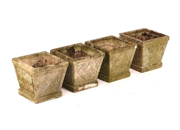 A SET OF FOUR RECONSTITUTED STONE TAPERING SQUARE PLANTERS (4)