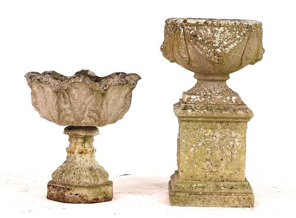 A RECONSTITUTED STONE JARDINIERE WITH SWAG MOULDED BODY AND SQUARE STAND (2)