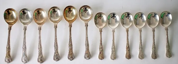 TWO SETS OF SIX SILVER KINGS PATTERN SPOONS