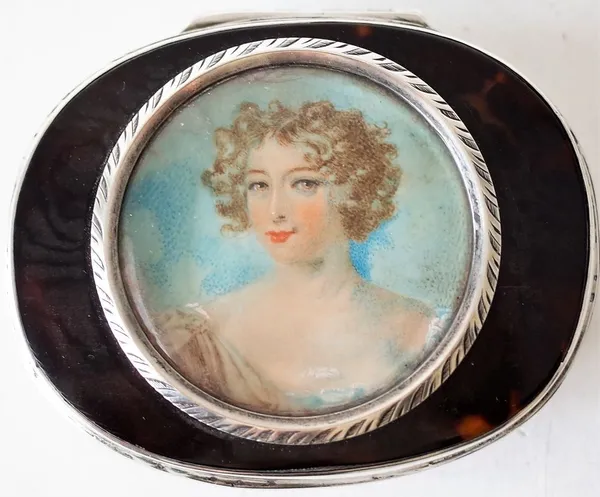 A SILVER MOUNTED TORTOISESHELL AND MOTHER-OF-PEARL OVAL BOX