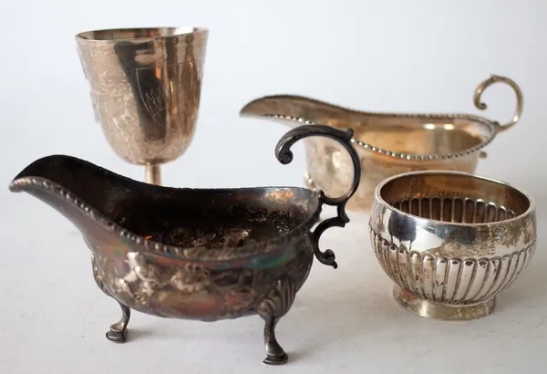 A GEORGE III SILVER SAUCE BOAT AND THREE FURTHER SILVER ITEMS (4)