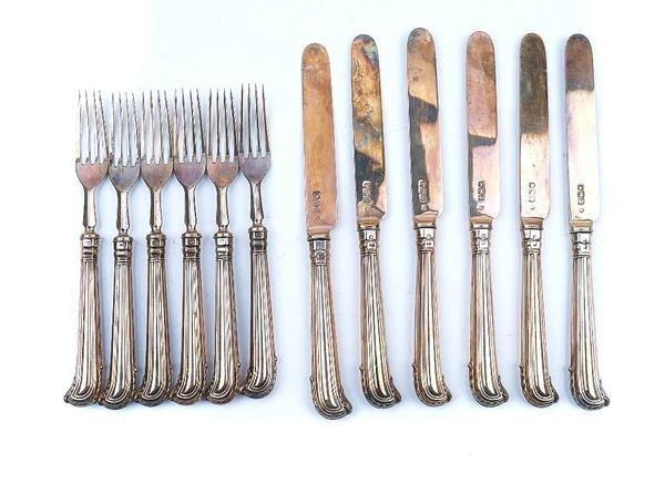 A SET OF SIX SILVER PAIRS OF FRUIT KNIVES AND FORKS (12)