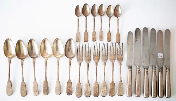 A GROUP OF RUSSIAN STYLISED FIDDLE PATTERN TABLE FLATWARE (QTY)