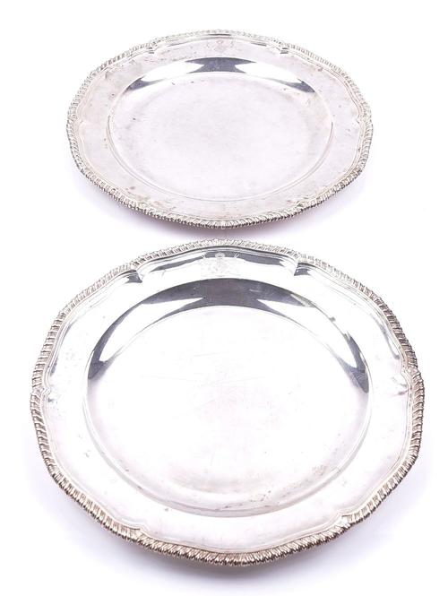 A PAIR OF EARLY GEORGE III SILVER MAIN COURSE PLATES (2)