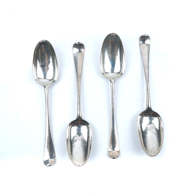 FOUR EARLY GEORGE III MATCHING BOTTOM MARKED HANOVERIAN PATTERN TABLESPOONS (4)