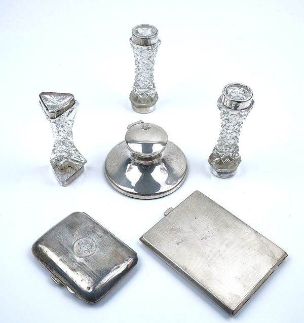 TWO SILVER CIGARETTE CASES AND THREE FURTHER ITEMS (4)