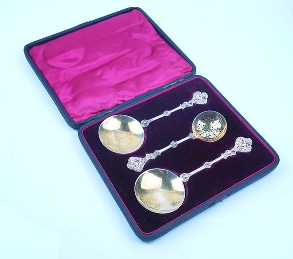 A PAIR OF VICTORIAN SILVER SPOONS AND A SILVER SUGAR SIFTING SPOON, CASED