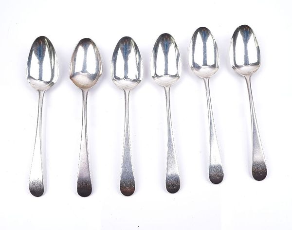 SIX GEORGE III SILVER BOTTOM MARKED OLD ENGLISH PATTERN DESSERT SPOONS (6)