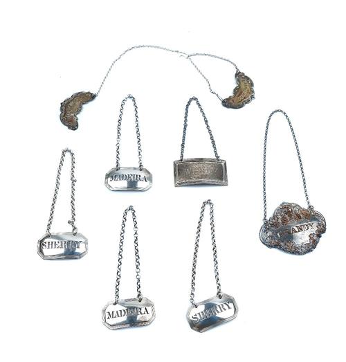 TWO PAIRS OF SILVER DECANTER LABELS AND FOUR FURTHER DECANTER LABELS (8)