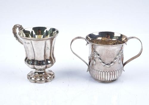 A SILVER CHRISTENING MUG AND A SILVER TWIN HANDLED BOWL (2)