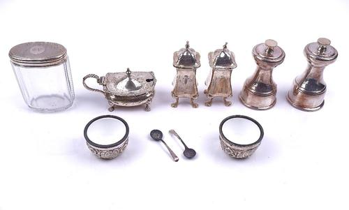 A GROUP OF MOSTLY SILVER MOUNTED CONDIMENTS (10)