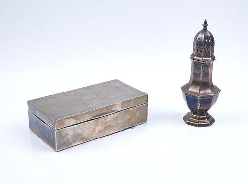 A SILVER SUGAR CASTER AND A TABLE CIGARETTE BOX (2)