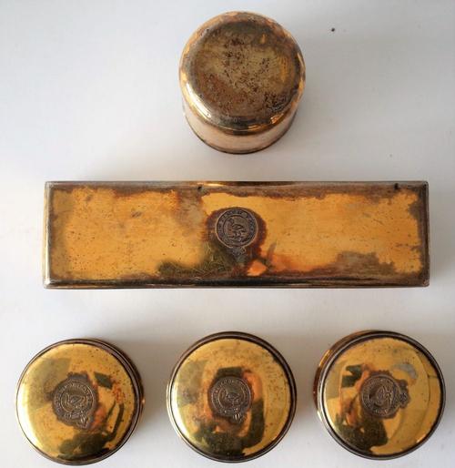 FIVE SILVER GILT TOILET BOXES (5)