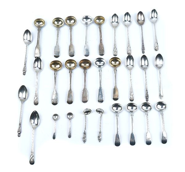 A SET OF FOUR SILVER VICTORIAN FIDDLE PATTERN SALT SPOONS, EXETER 1857, AND FURTHER SILVER FLATWARE (22)