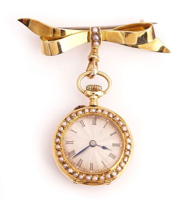 AN 18CT GOLD AND SEED PEARL SET KEYLESS WIND, OPENFACED LADY'S FOB WATCH, WITH A GOLD AND SEED PEARL SET BROOCH