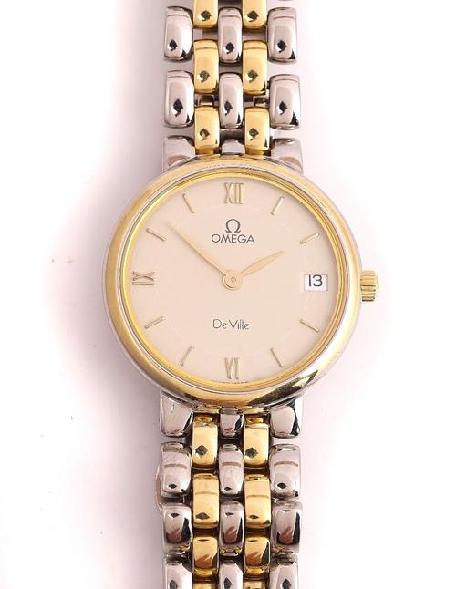 AN OMEGA DE VILLE STEEL AND GILT METAL LADIES BRACELET WRISTWATCH