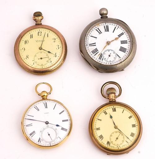 AN 18CT GOLD CASED KEY WIND OPEN FACED POCKET WATCH AND THREE FURTHER WATCHES (4)