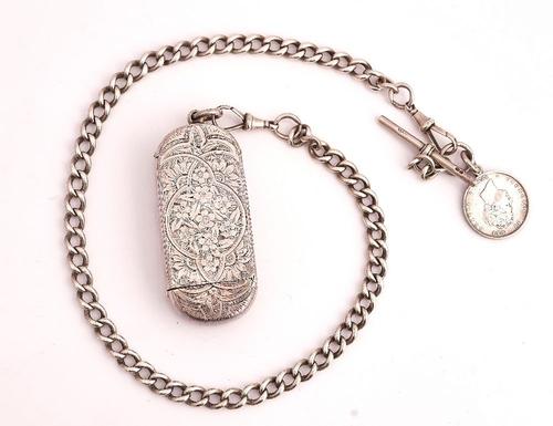 A SILVER WATCH ALBERT CHAIN AND A SILVER VESTA CUM SOVEREIGN CASE (2)