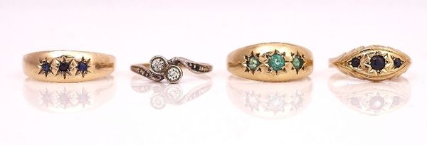 THREE GOLD AND GEM SET RINGS AND ANOTHER RING (4)