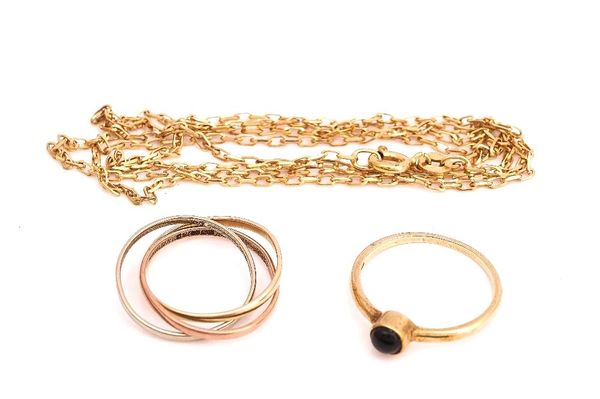 TWO GOLD RINGS AND A GOLD NECKCHAIN (3)