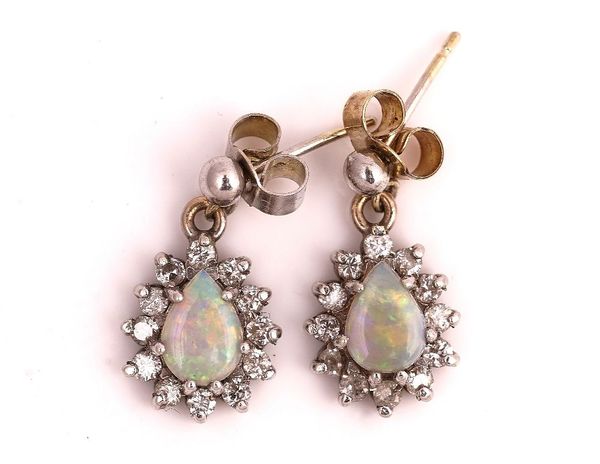 A PAIR OF WHITE GOLD, OPAL AND DIAMOND PENDANT EARRINGS